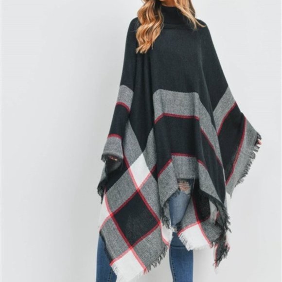 CHIC Plaid Print Knit Turtleneck Poncho Top - Picture 6 of 7